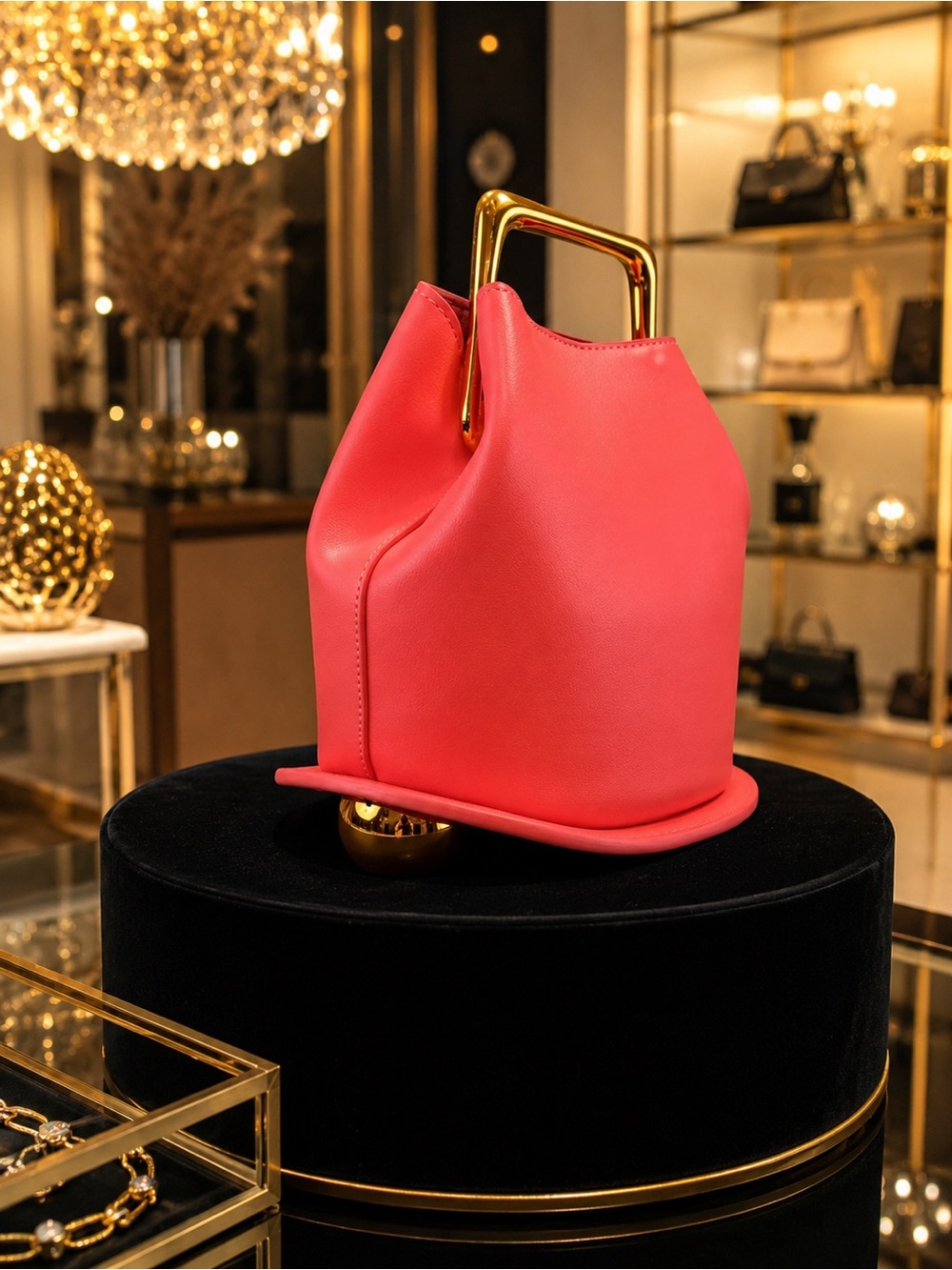 Chic Coral Bucket Bag w/ Gold Handle & Crossbody Strap